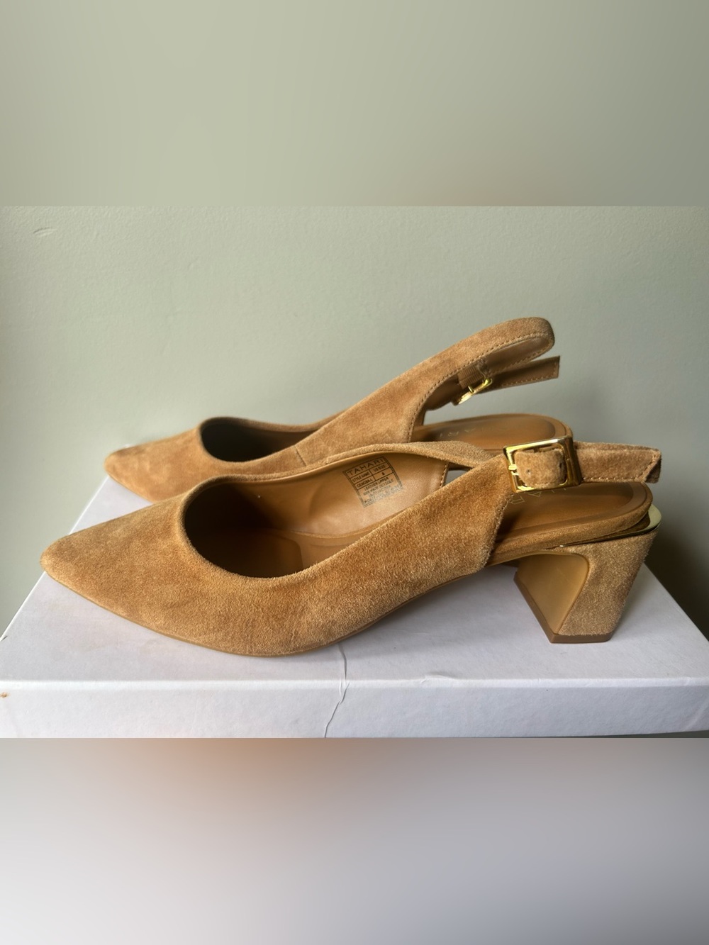 Tahari Camel Suede Slingback Block Heel Mules